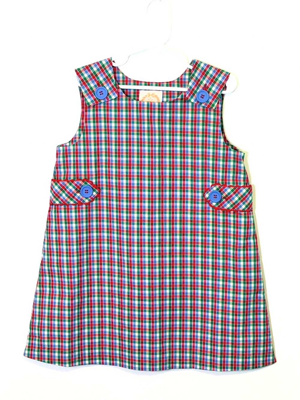 TBBC Girls Plaid Pinafore Dress with Button Accents - Red, Green, Blue EUC